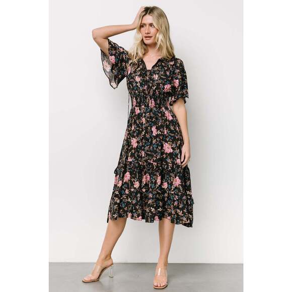Baltic Born Dresses & Skirts - Baltic Born Black Floral Midi Dress with Pink Roses